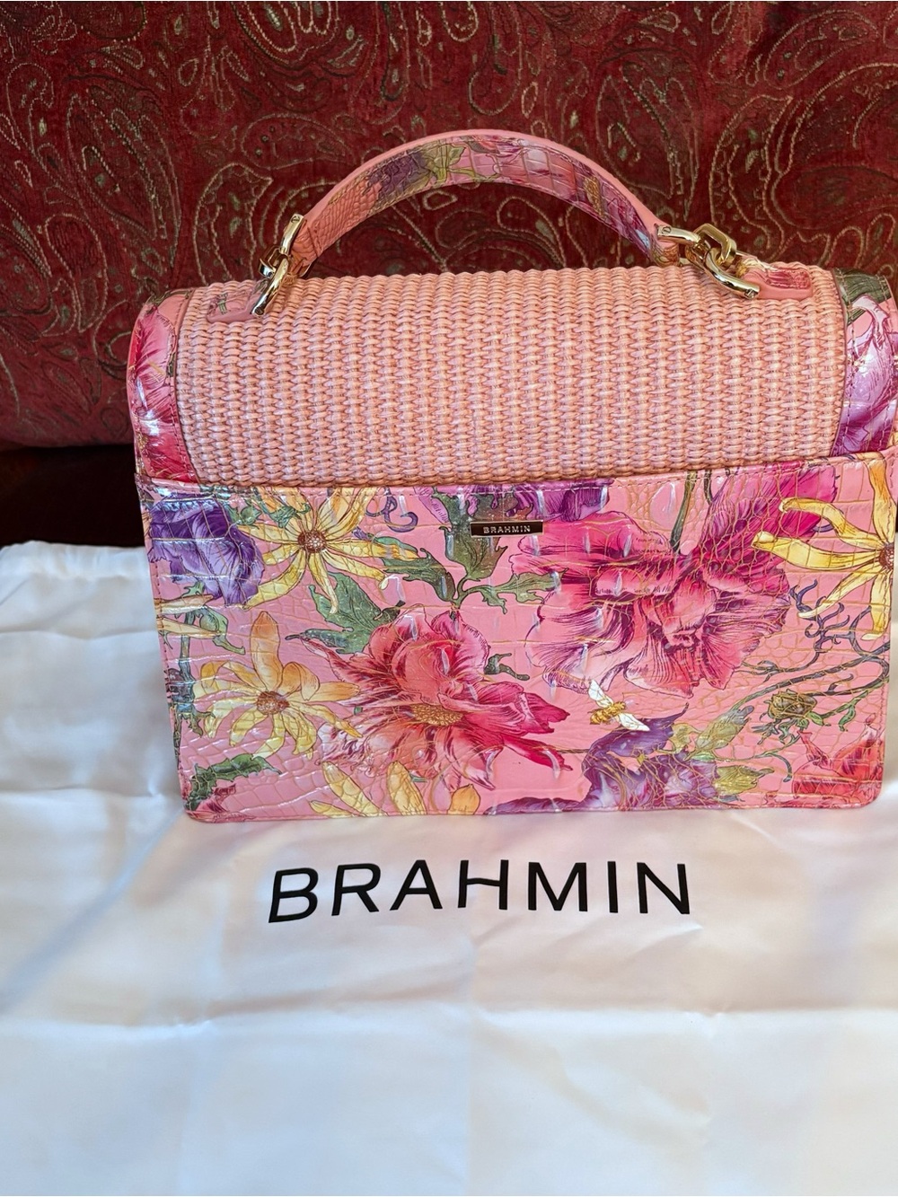 Brahmin Hallie Straw and Croc Embossed Pink Satchel with Floral Trim - Picture 6 of 9